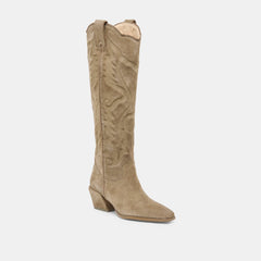 Dolce Vita SHOES | LUNI Taupe Suede Knee-High Pointed Toe Western Boots