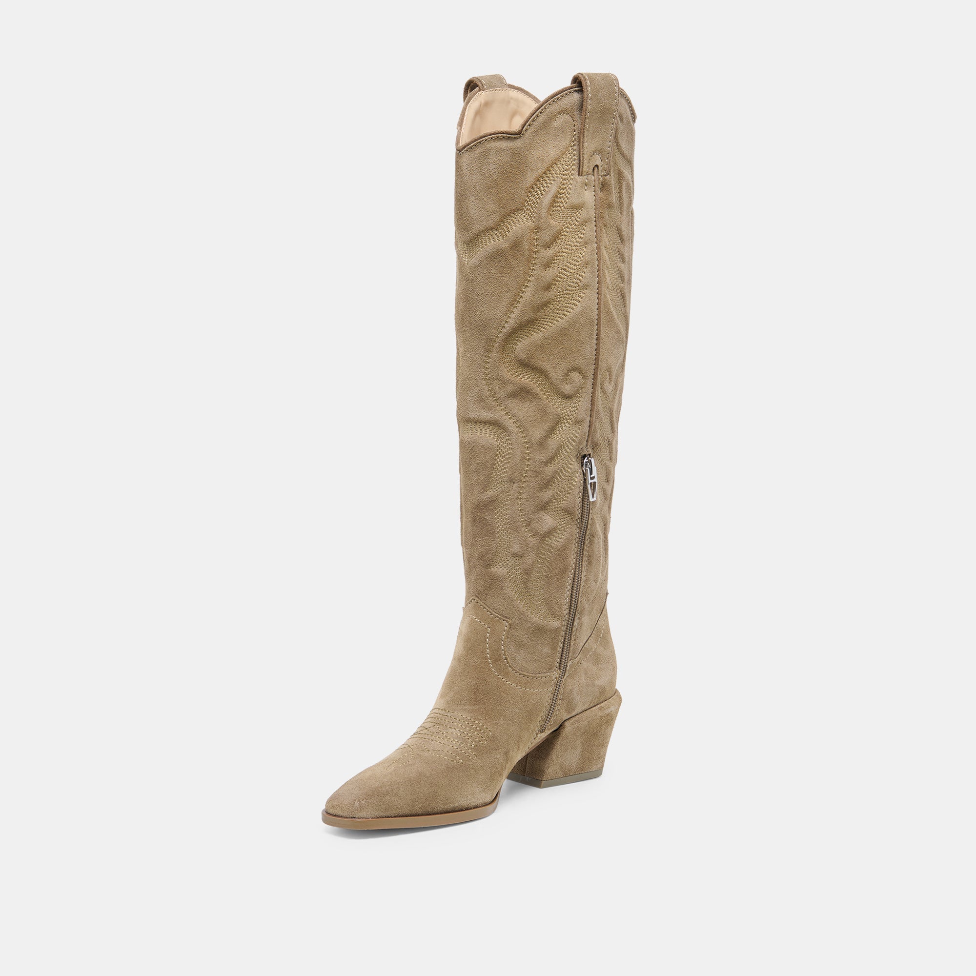 Dolce Vita SHOES | LUNI Taupe Suede Knee-High Pointed Toe Western Boots