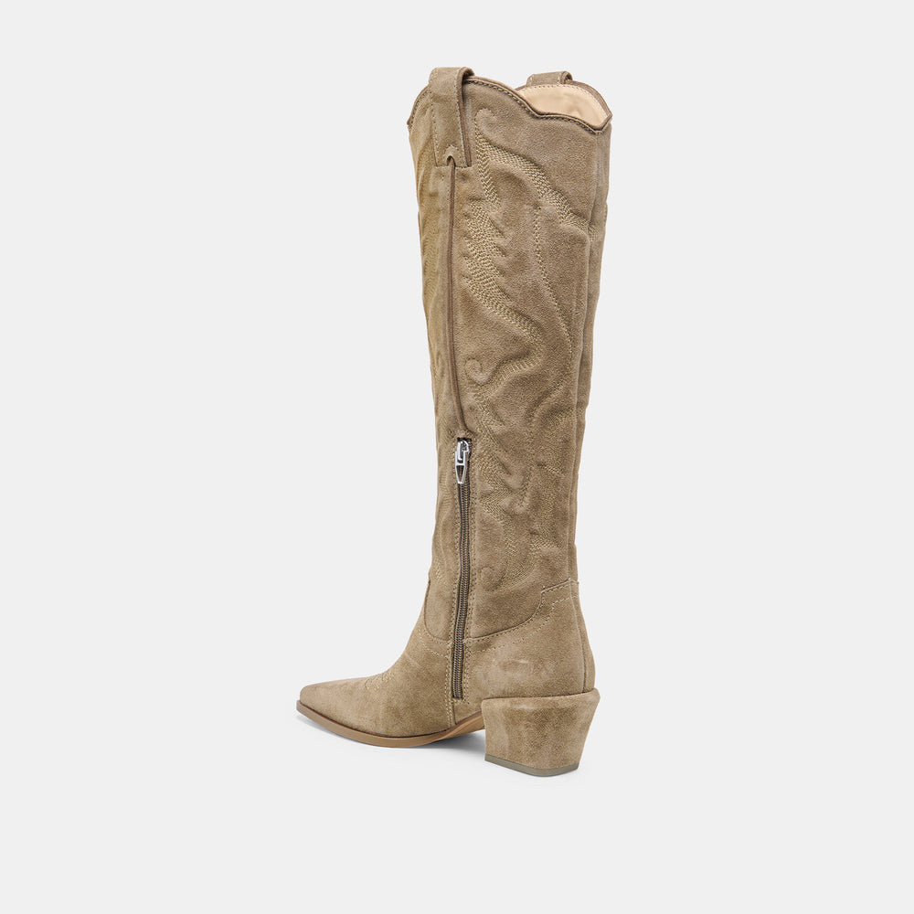 Dolce Vita SHOES | LUNI Taupe Suede Knee-High Pointed Toe Western Boots