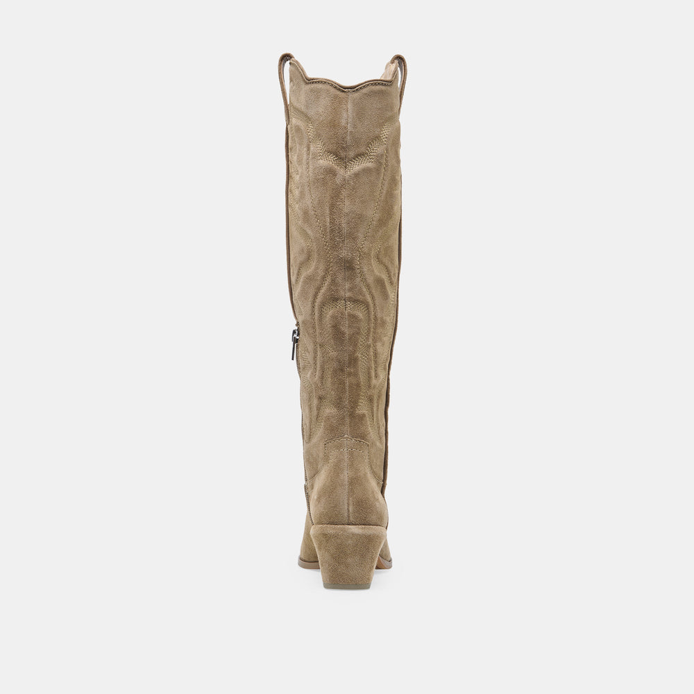 Dolce Vita SHOES | LUNI Taupe Suede Knee-High Pointed Toe Western Boots