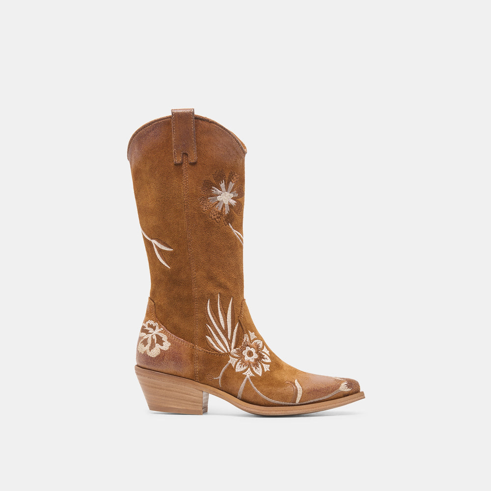 Dolce Vita SHOES | BRANDO Tan Suede Embroidered Pointed-Toe Western Boots