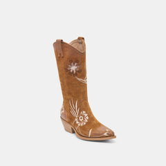 Dolce Vita SHOES | BRANDO Tan Suede Embroidered Pointed-Toe Western Boots