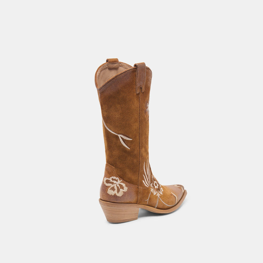 Dolce Vita SHOES | BRANDO Tan Suede Embroidered Pointed-Toe Western Boots