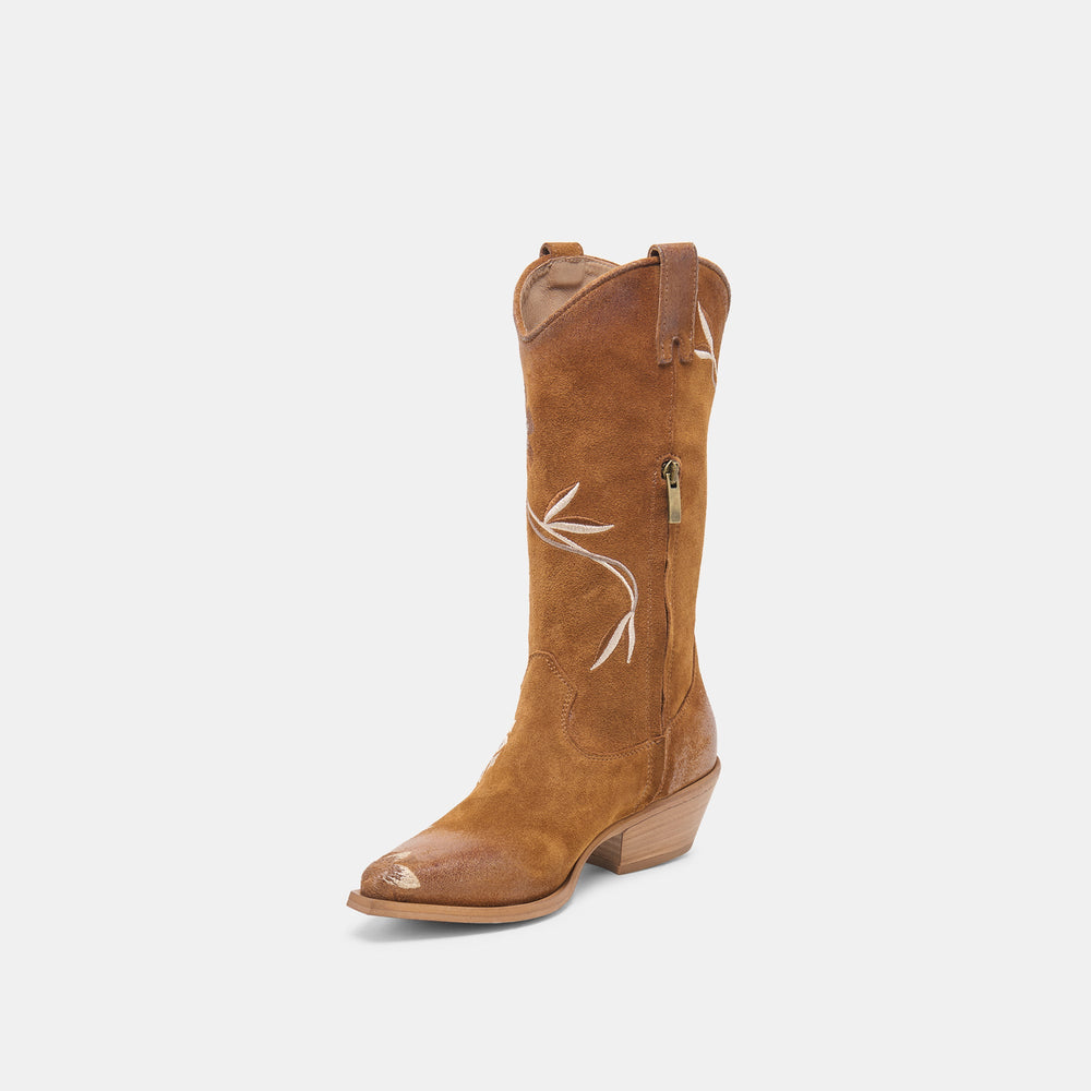 Dolce Vita SHOES | BRANDO Tan Suede Embroidered Pointed-Toe Western Boots