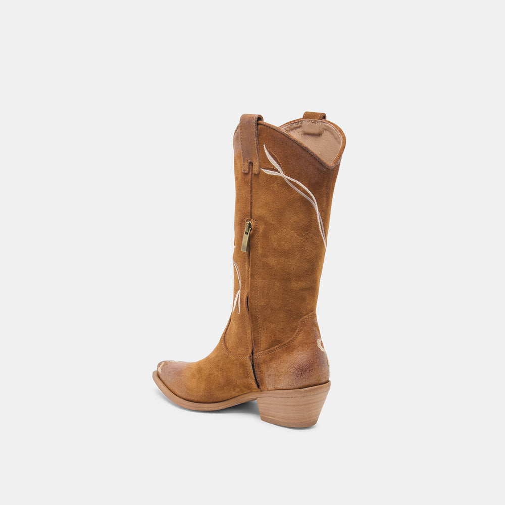 Dolce Vita SHOES | BRANDO Tan Suede Embroidered Pointed-Toe Western Boots