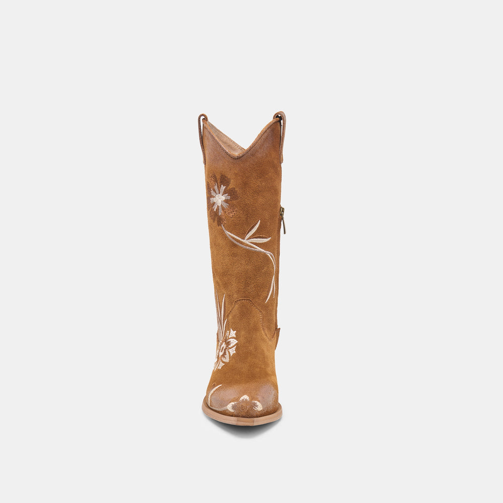 Dolce Vita SHOES | BRANDO Tan Suede Embroidered Pointed-Toe Western Boots