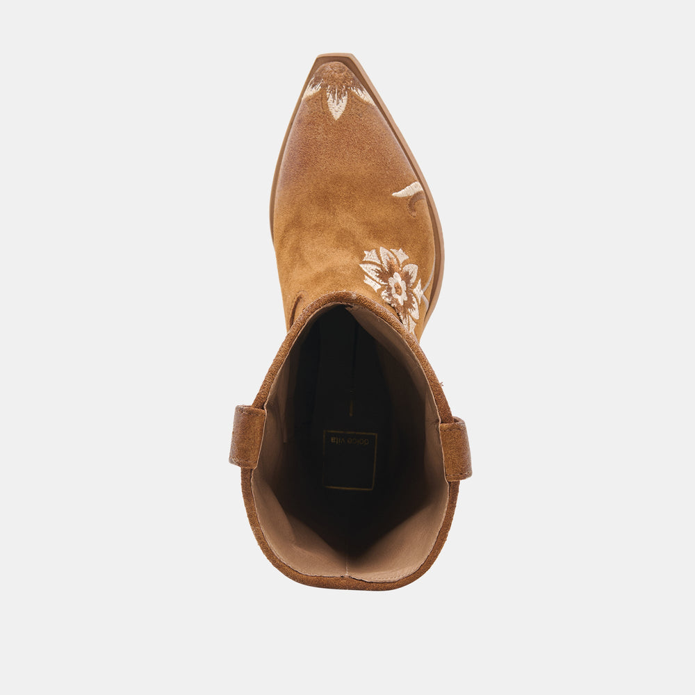 Dolce Vita SHOES | BRANDO Tan Suede Embroidered Pointed-Toe Western Boots