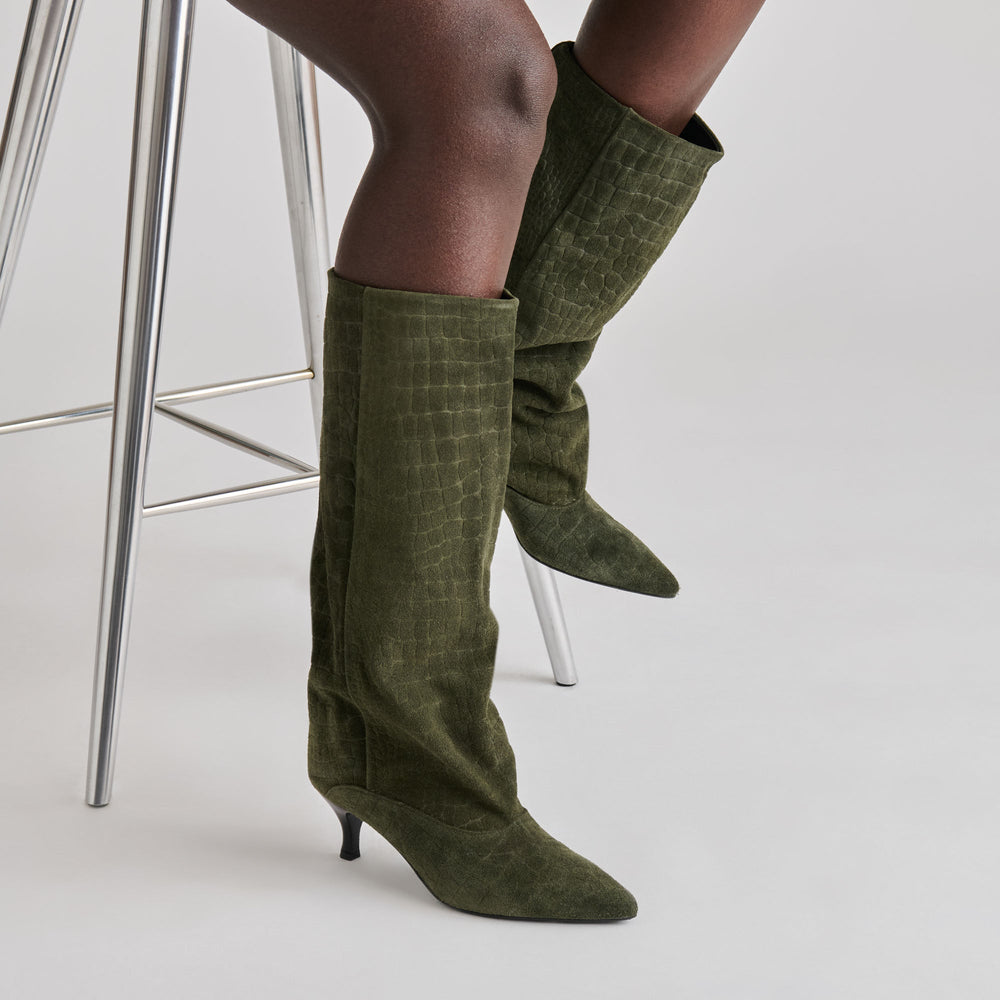 Dolce Vita SHOES | Roxla Olive Croco Embossed Leather Boots