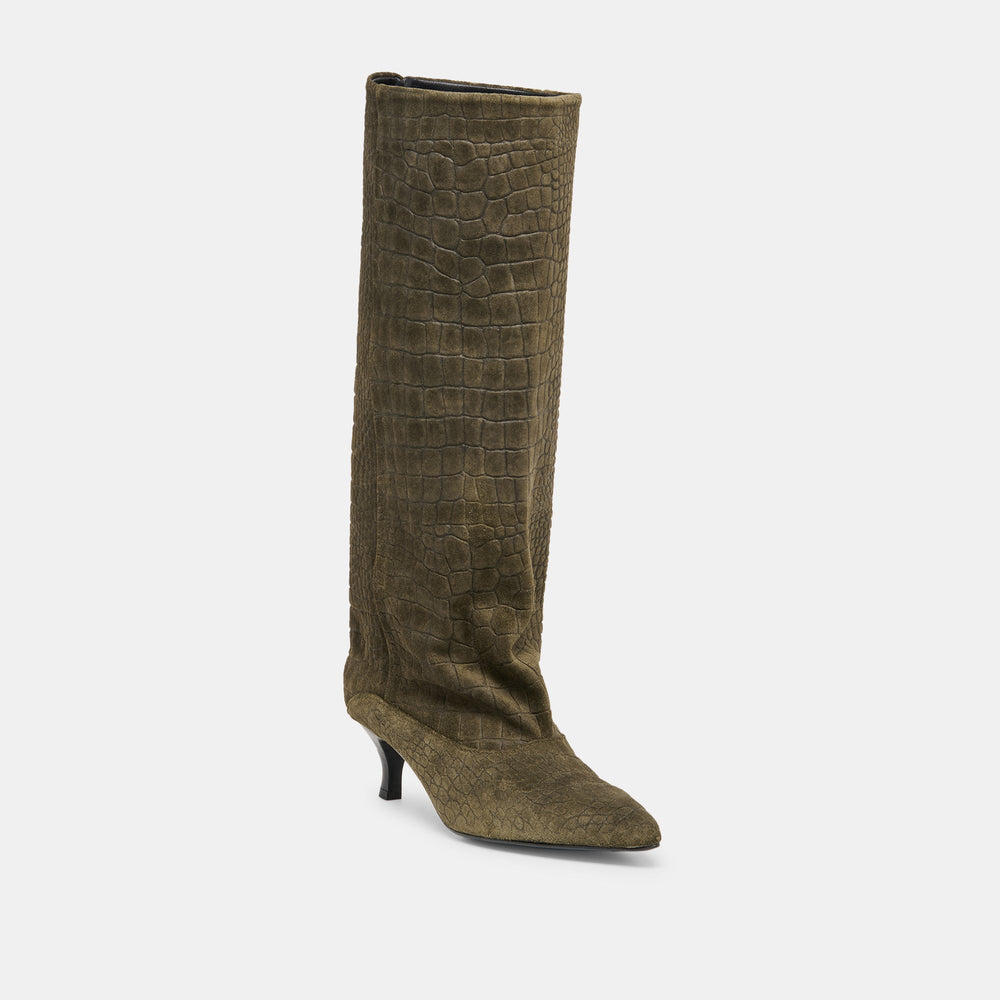 Dolce Vita SHOES | Roxla Olive Croco Embossed Leather Boots