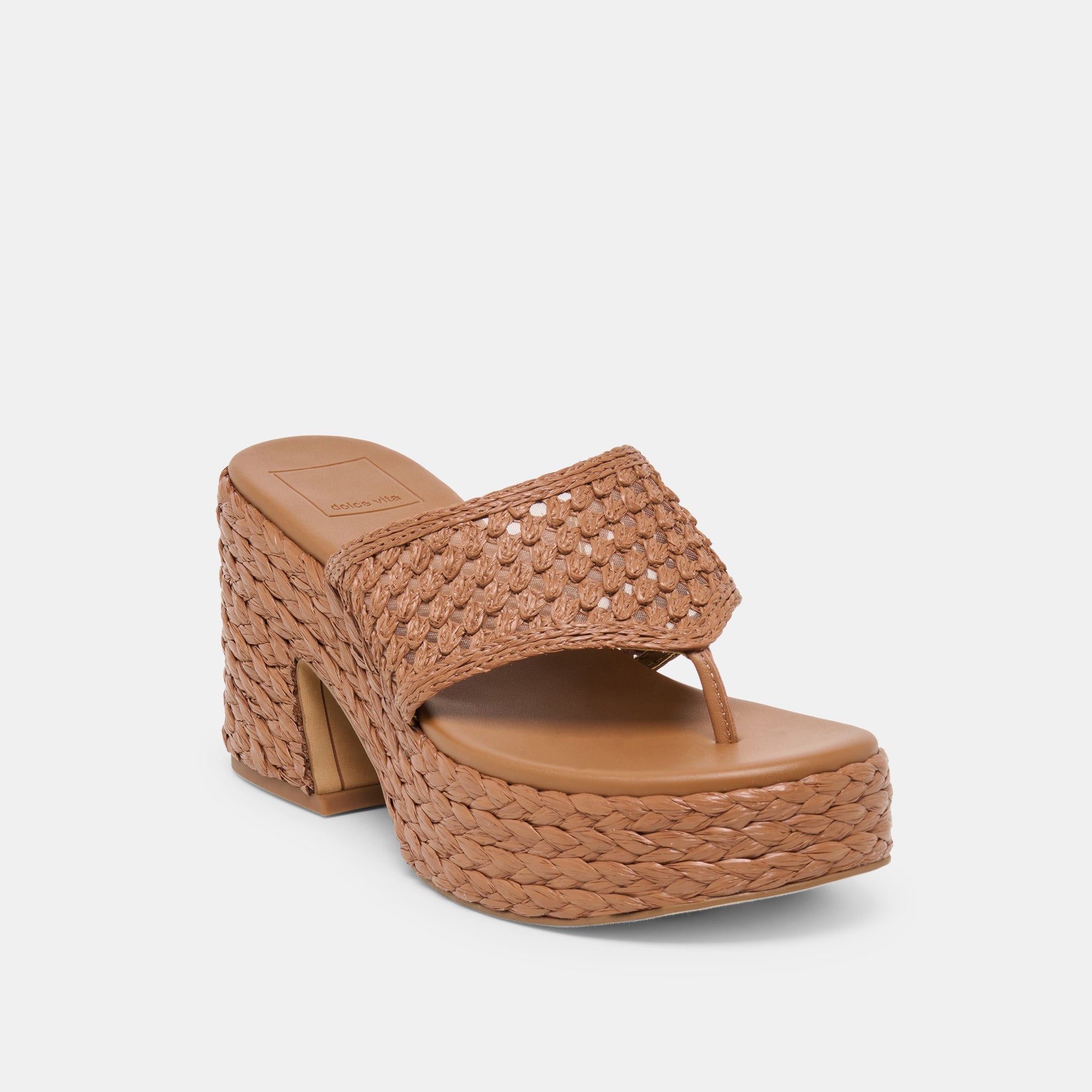Dolce Vita SHOES | RIPPLE Mid Brown Raffia Platform Thong Block Heel