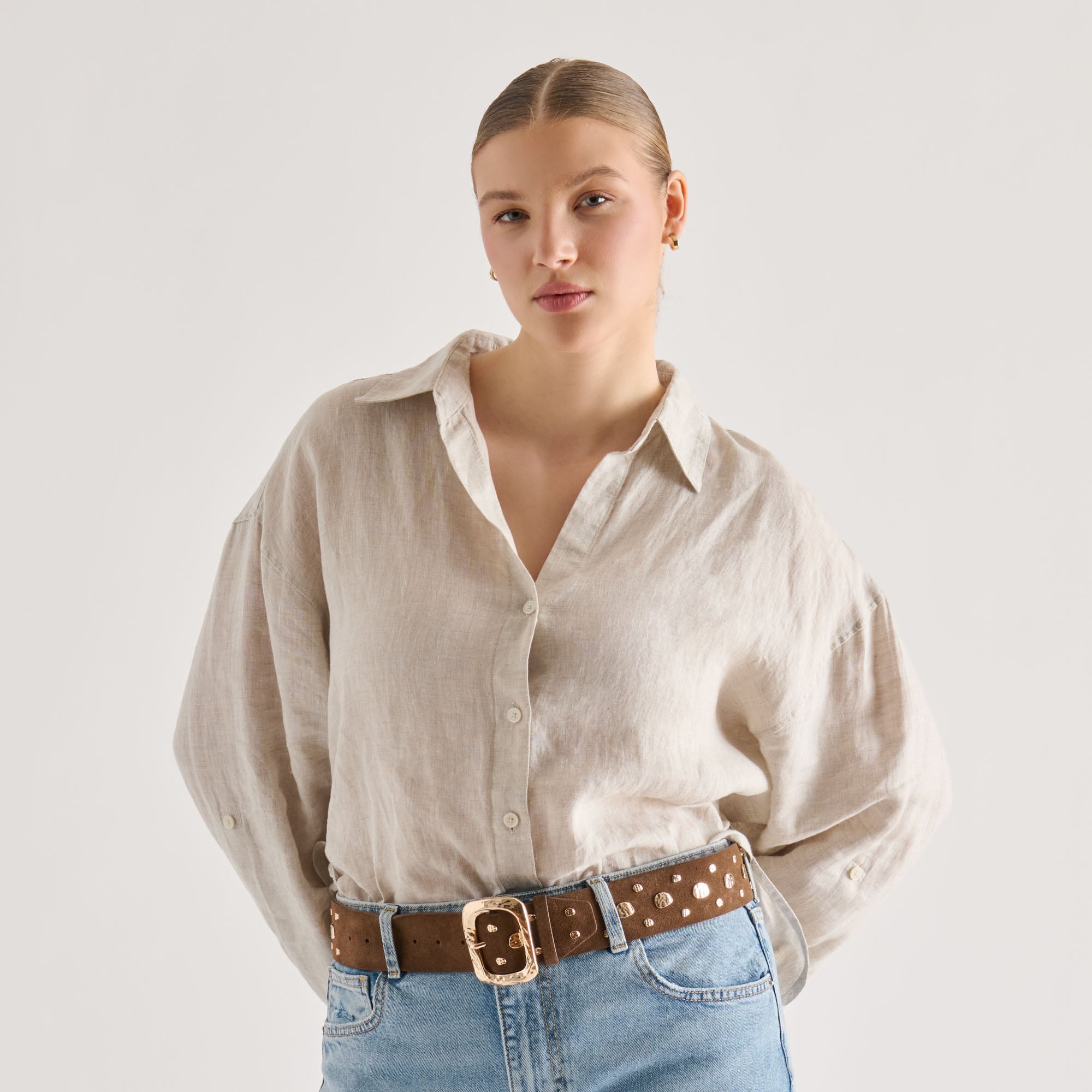 Dolce Vita ACCESSORIES | Rectangle Buckle Brown Suede Gold Studded Belt