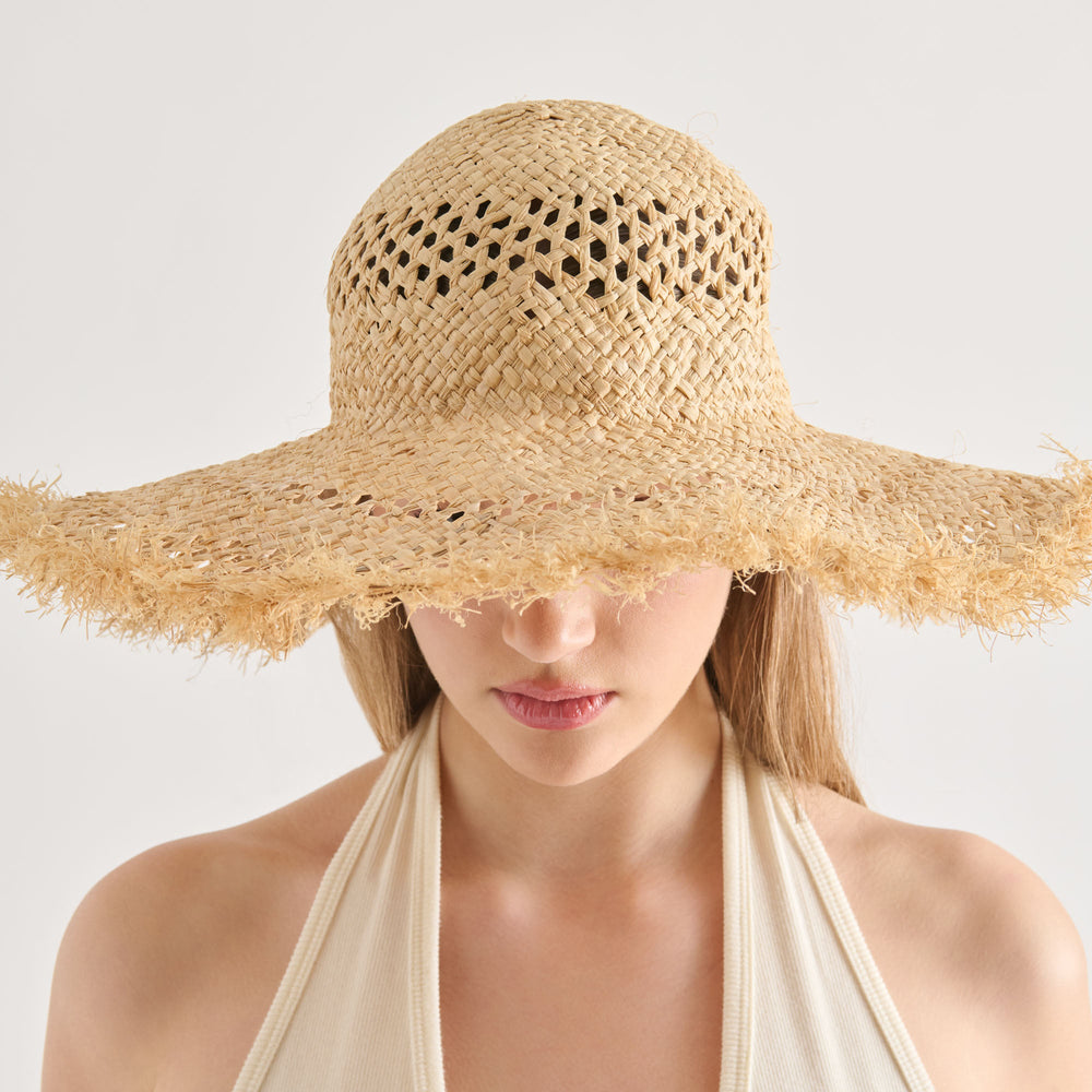 Dolce Vita ACCESSORIES | Open Weave Tan Sunhat with Frayed Edge