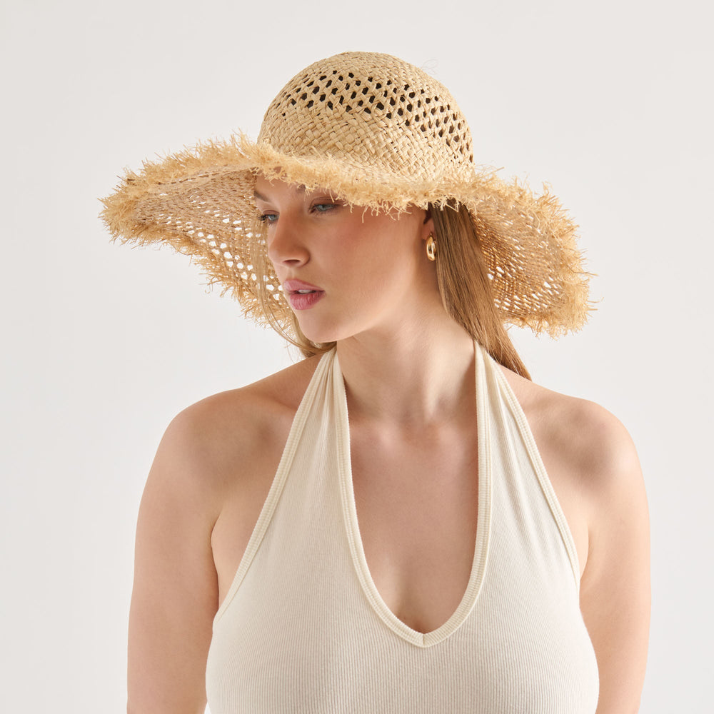 Dolce Vita ACCESSORIES | Open Weave Tan Sunhat with Frayed Edge