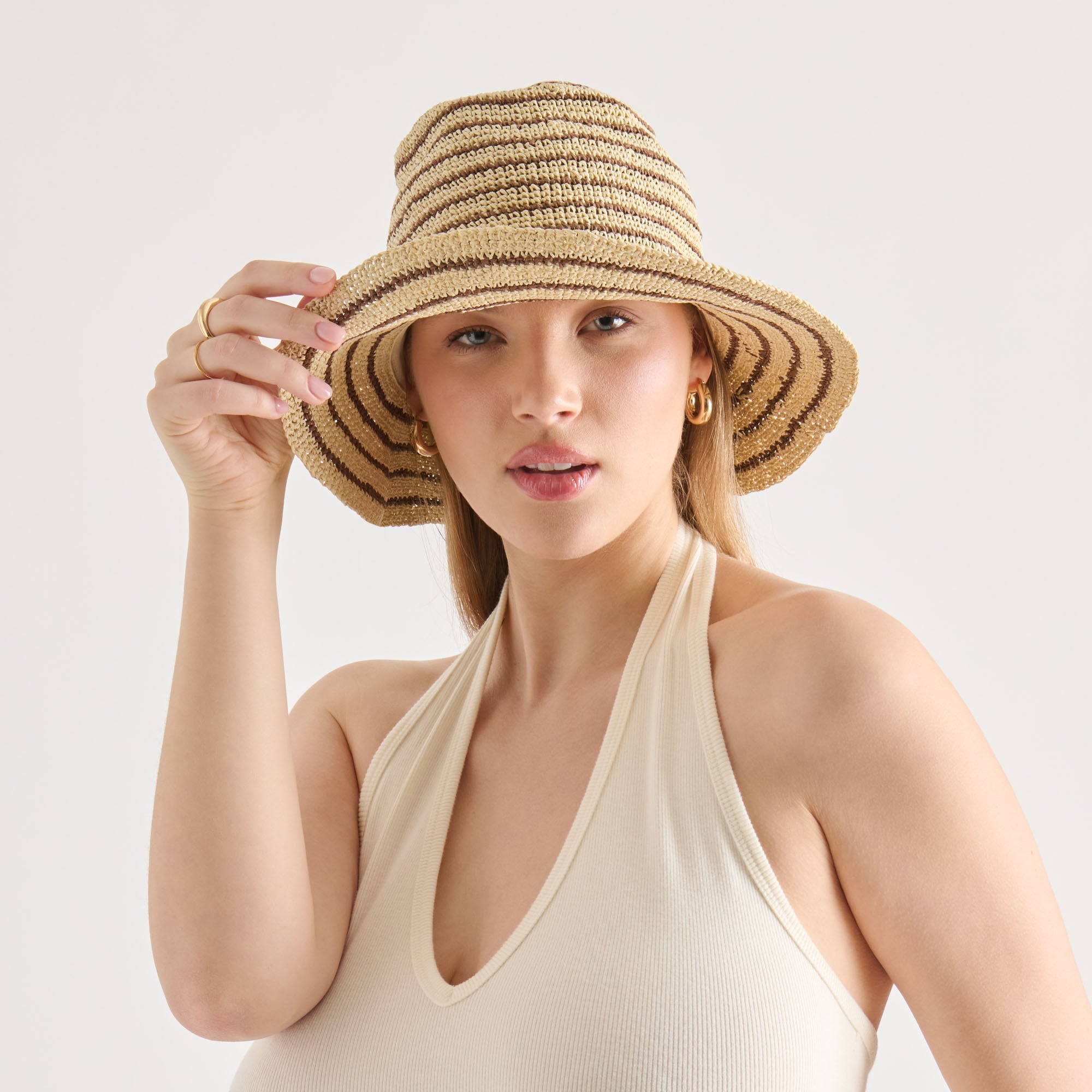 Dolce Vita ACCESSORIES | Striped Brown Natural Straw Cloche