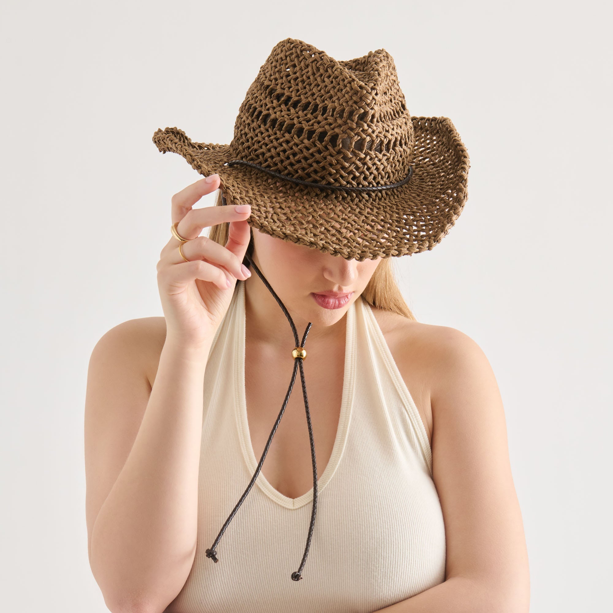 Dolce Vita ACCESSORIES | Thick Weave Dark Brown Cowboy Hat with Strap