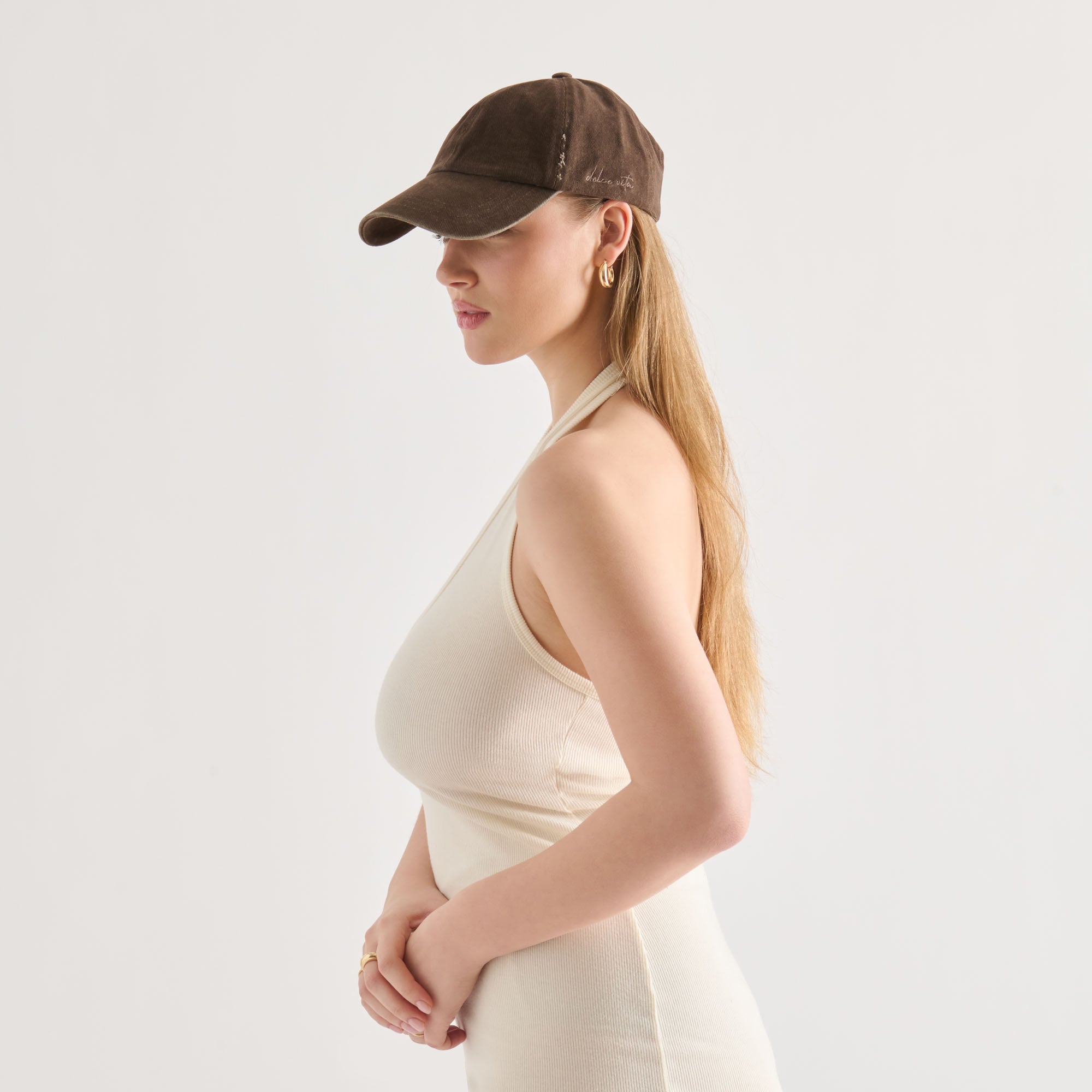 Dolce Vita ACCESSORIES | Distressed Dark Brown Baseball Cap with Embroidery