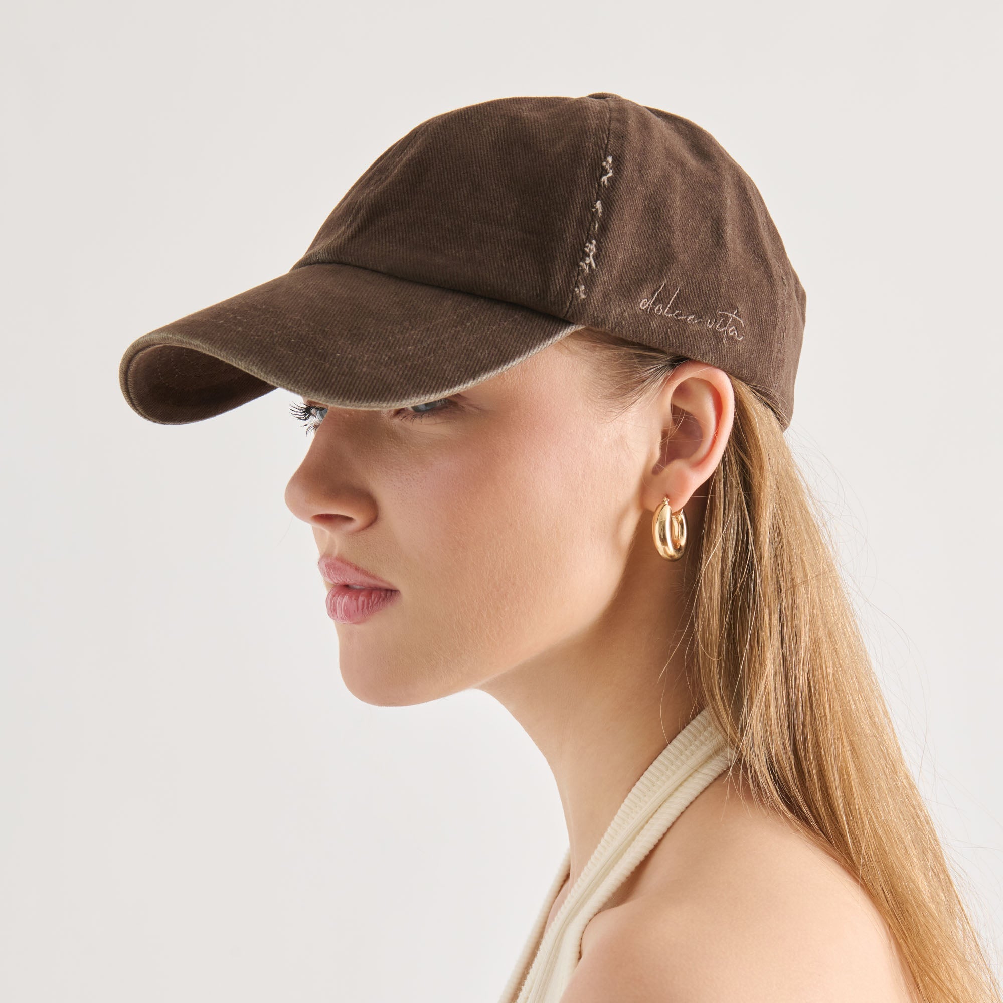 Dolce Vita ACCESSORIES | Distressed Dark Brown Baseball Cap with Embroidery