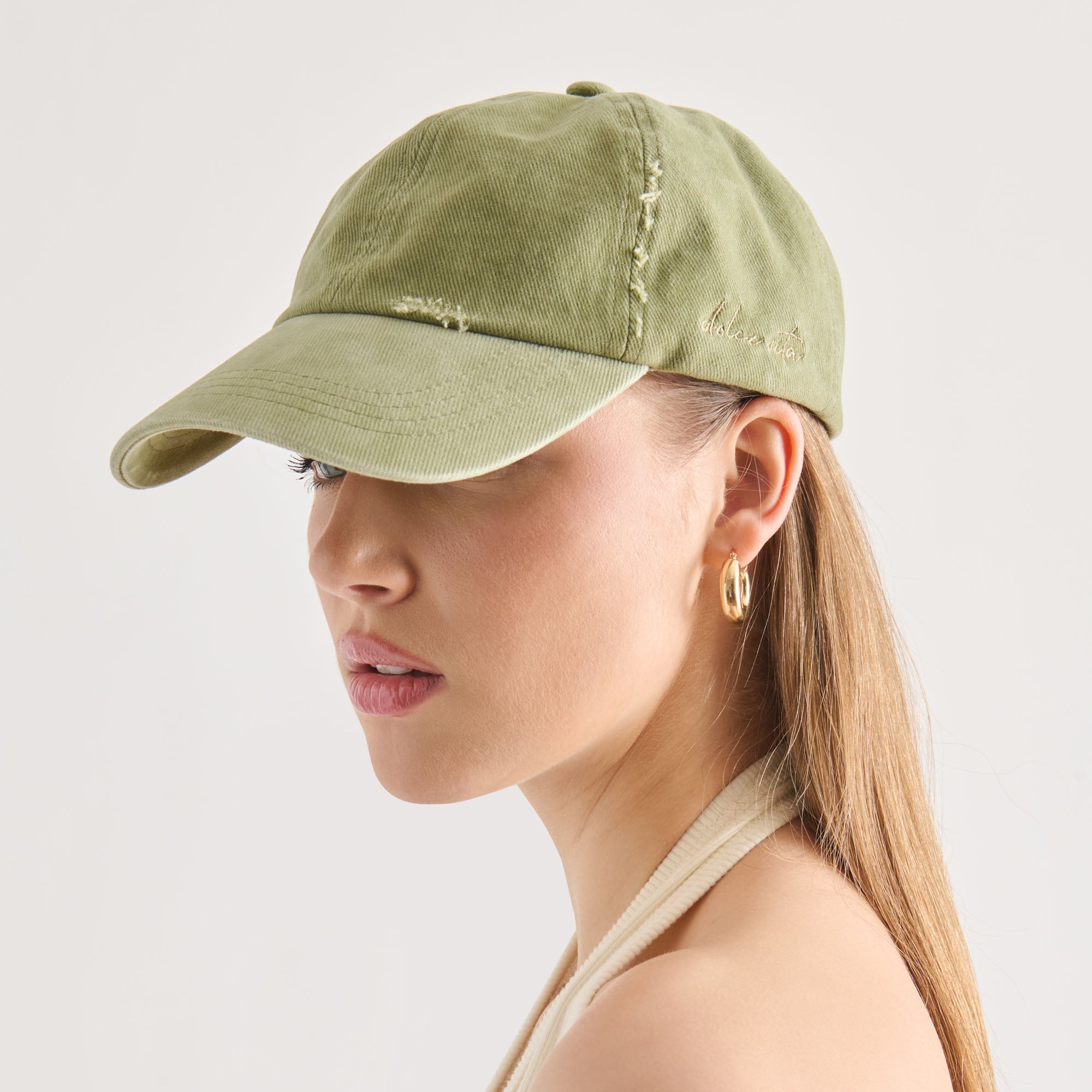 Dolce Vita ACCESSORIES | Distressed Olive Baseball Cap with Embroidery