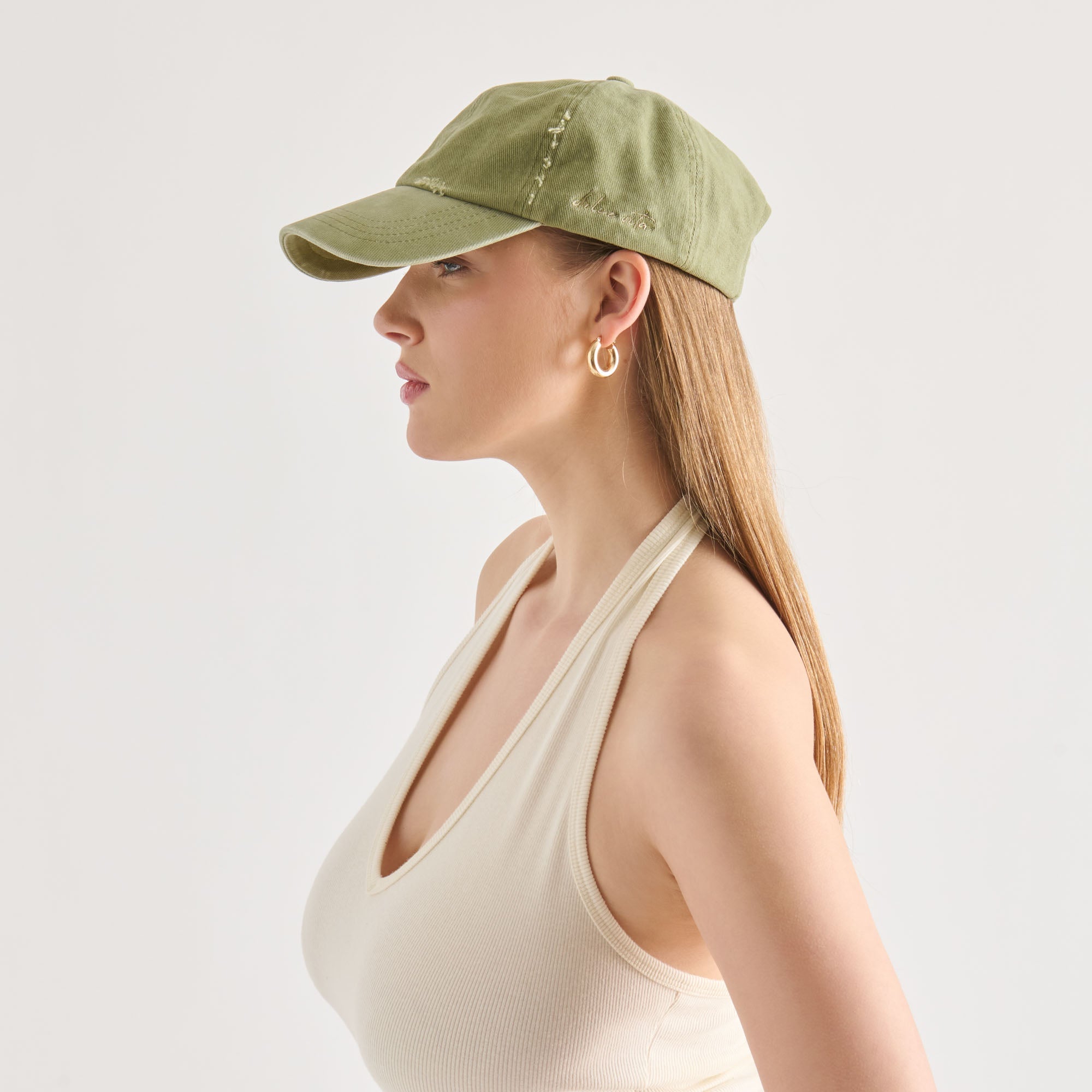 Dolce Vita ACCESSORIES | Distressed Olive Baseball Cap with Embroidery